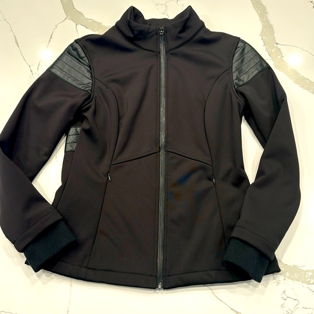 Women’s black Fabletics jacket/coat with faux leather detailing, size Small